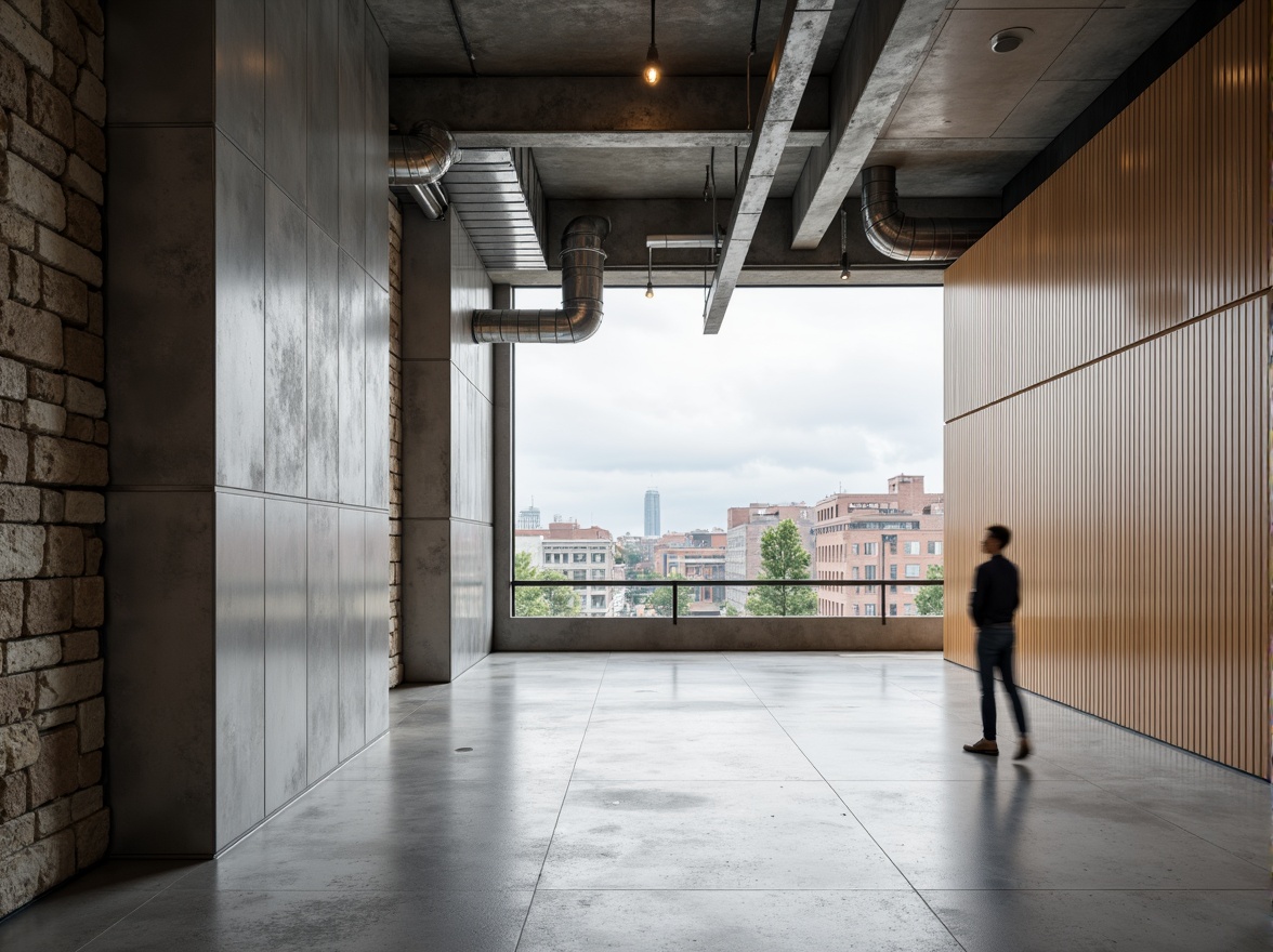 Prompt: Polished concrete floors, rough stone walls, sleek metal surfaces, minimalist wooden accents, industrial-style pipes, exposed ductwork, neutral color palette, geometric shapes, clean lines, rectangular forms, functional simplicity, urban cityscape, cloudy day, soft natural light, shallow depth of field, 1/1 composition, realistic textures, ambient occlusion.