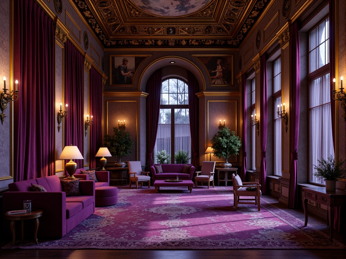 Prompt: Rich plum hues, luxurious velvet textures, ornate Baroque patterns, golden accents, lavish drapery, mysterious twilight ambiance, soft warm lighting, dramatic chiaroscuro effects, opulent furnishings, regal purple undertones, intricate gold leaf details, sumptuous fabrics, Renaissance-inspired architecture, grandiose ceiling murals, majestic columns, aristocratic atmosphere.