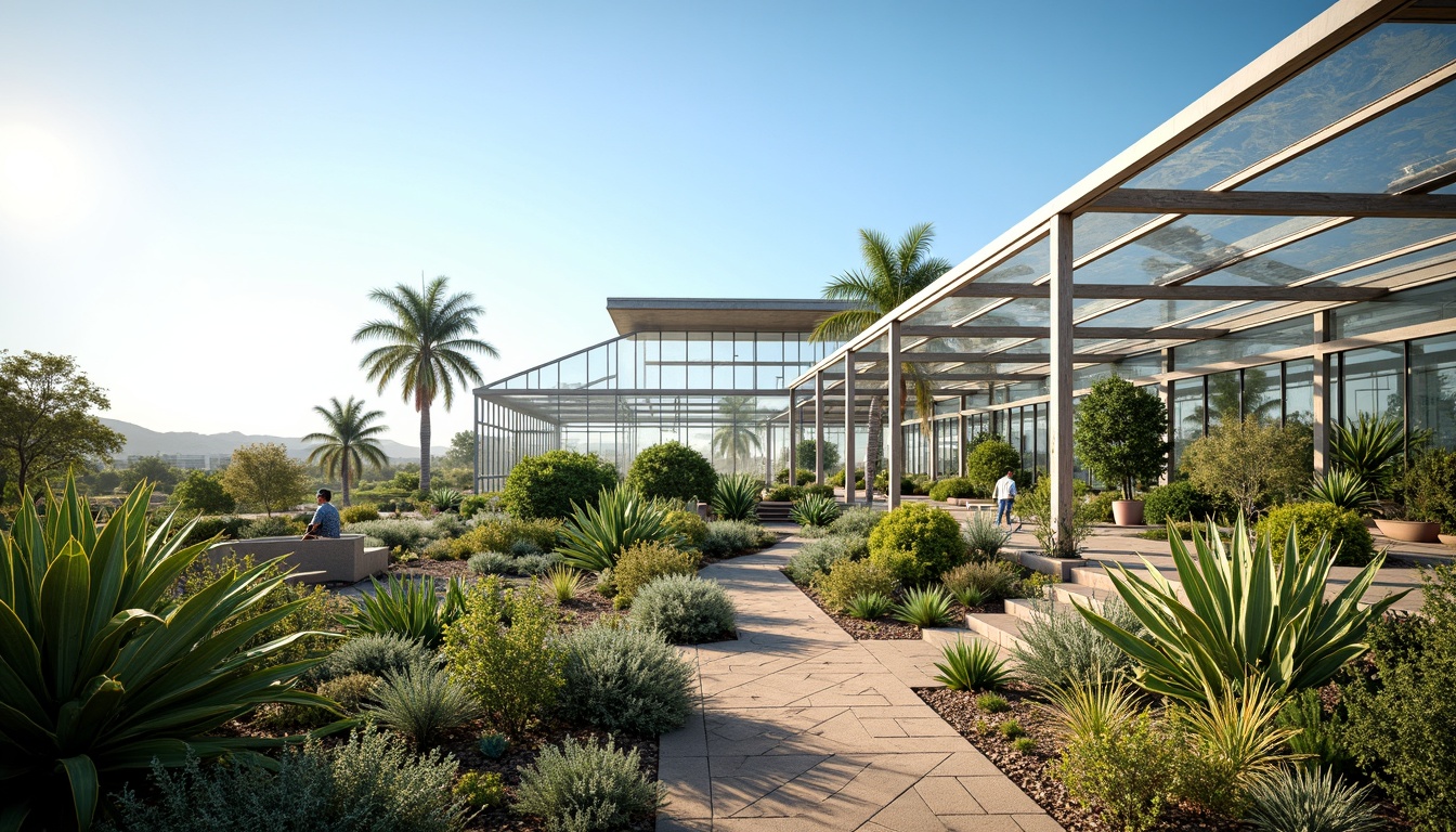 Prompt: Desert greenhouse, lush greenery, tropical plants, warm humid climate, natural ventilation systems, evaporative cooling, misting systems, shading devices, insulation materials, double-glazed roofs, solar-powered fans, automatic temperature control, humidity sensors, air circulation optimization, healthy plant growth, pest control management, water conservation systems, drip irrigation, fogging systems, desert landscape, sunny day, clear blue sky, vast open space, modern architecture, sleek metal frames, reflective glass surfaces.