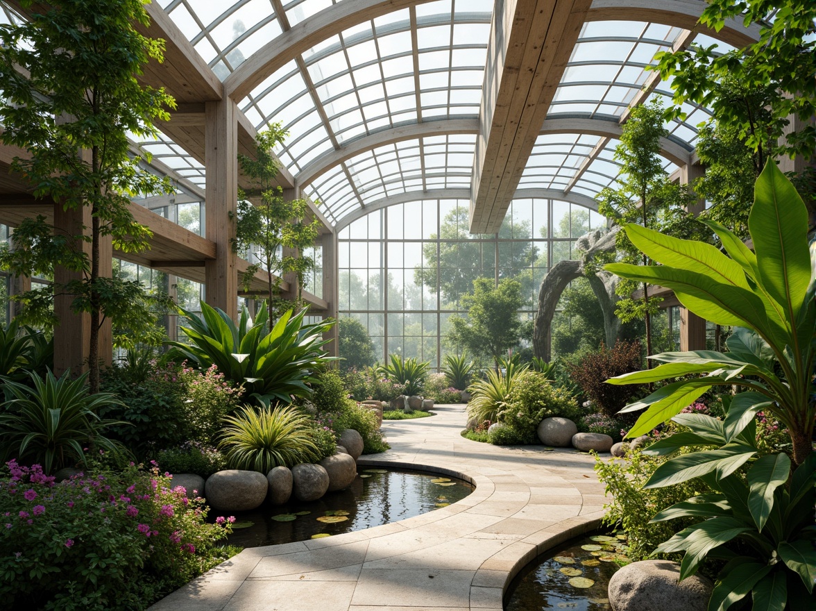 Prompt: Vibrant greenhouse interior, lush tropical plants, misty atmosphere, natural stone flooring, wooden trellis, curved glass roof, abundant sunlight, soft diffused lighting, shallow depth of field, 1/1 composition, realistic textures, ambient occlusion, serene water features, small ponds, trickling water sounds, organic fertilizer systems, hydroponic gardens, living walls, green roofs, solar panels, sustainable energy solutions, eco-friendly materials, modern minimalist design, sleek metal frames, large windows, sliding glass doors, panoramic views, blooming flowers, warm sunny day.