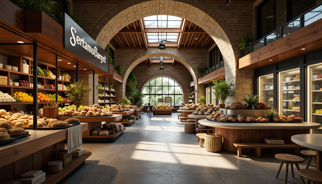 Prompt: Vaulted archways, rustic stone walls, natural light pouring in, wooden accents, earthy color palette, fresh produce stands, vibrant fruits and vegetables, artisanal bakery section, gourmet food displays, modern refrigeration systems, sleek metal shelves, polished concrete floors, warm ambient lighting, shallow depth of field, 1/2 composition, realistic textures, soft focus, cozy atmosphere.