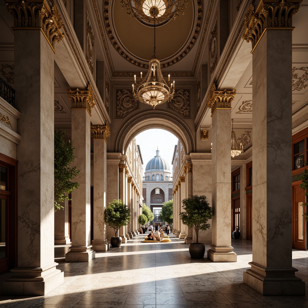 Prompt: Grandiose neoclassical building, ornate columns, intricately carved details, symmetrical fa\u00e7ade, imposing entrance, majestic dome, decorative cornices, rusticated stone walls, elegant archways, refined moldings, luxurious marble floors, high ceilings, crystal chandeliers, sophisticated window frames, balanced proportions, harmonious color palette, warm natural light, soft shadows, atmospheric perspective, 1/2 composition, realistic textures, subtle ambient occlusion.