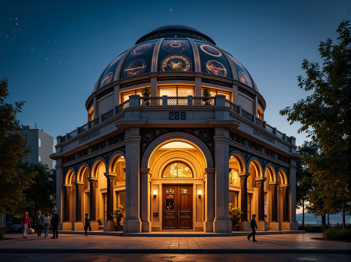 Prompt: Dome-shaped planetarium, classicism-inspired facade, ornate stone carvings, grand entrance archways, celestial body patterns, intricate fresco murals, golden accents, ornamental columns, symmetrical composition, soft warm lighting, shallow depth of field, 1/1 composition, realistic textures, ambient occlusion, night sky projection, starry atmosphere, mystical ambiance.