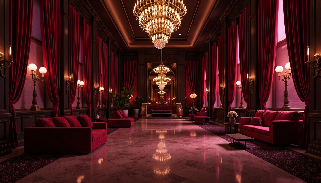 Prompt: Rich plum tones, luxurious velvet fabrics, ornate golden accents, lavish crystal chandeliers, opulent marble floors, regal crimson hues, mysterious twilight ambiance, soft warm lighting, 1/2 composition, intimate close-up shots, realistic textures, subtle depth of field.