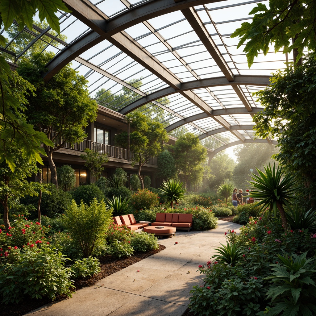 Prompt: Vibrant botanical garden, lush green foliage, warm natural light, glass roofs, steel frames, modern architecture, misting systems, irrigation networks, tropical plants, exotic flowers, wooden trellises, rattan furniture, earthy tones, natural textures, softbox lighting, shallow depth of field, 2/3 composition, serene atmosphere, realistic rendering.