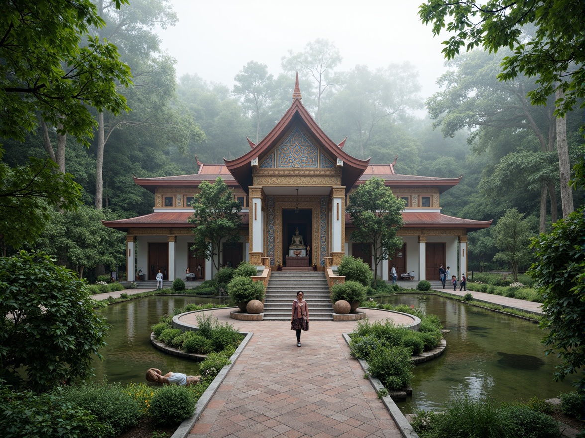 Prompt: Sacred temple, natural surroundings, lush greenery, serene water features, walking paths, meditation gardens, tranquil ambiance, cultural heritage, traditional architecture, ornate carvings, vibrant tile work, spiritual symbolism, statues of deities, peaceful courtyards, gentle lighting, misty atmosphere, shallow depth of field, 1/1 composition, realistic textures, ambient occlusion.