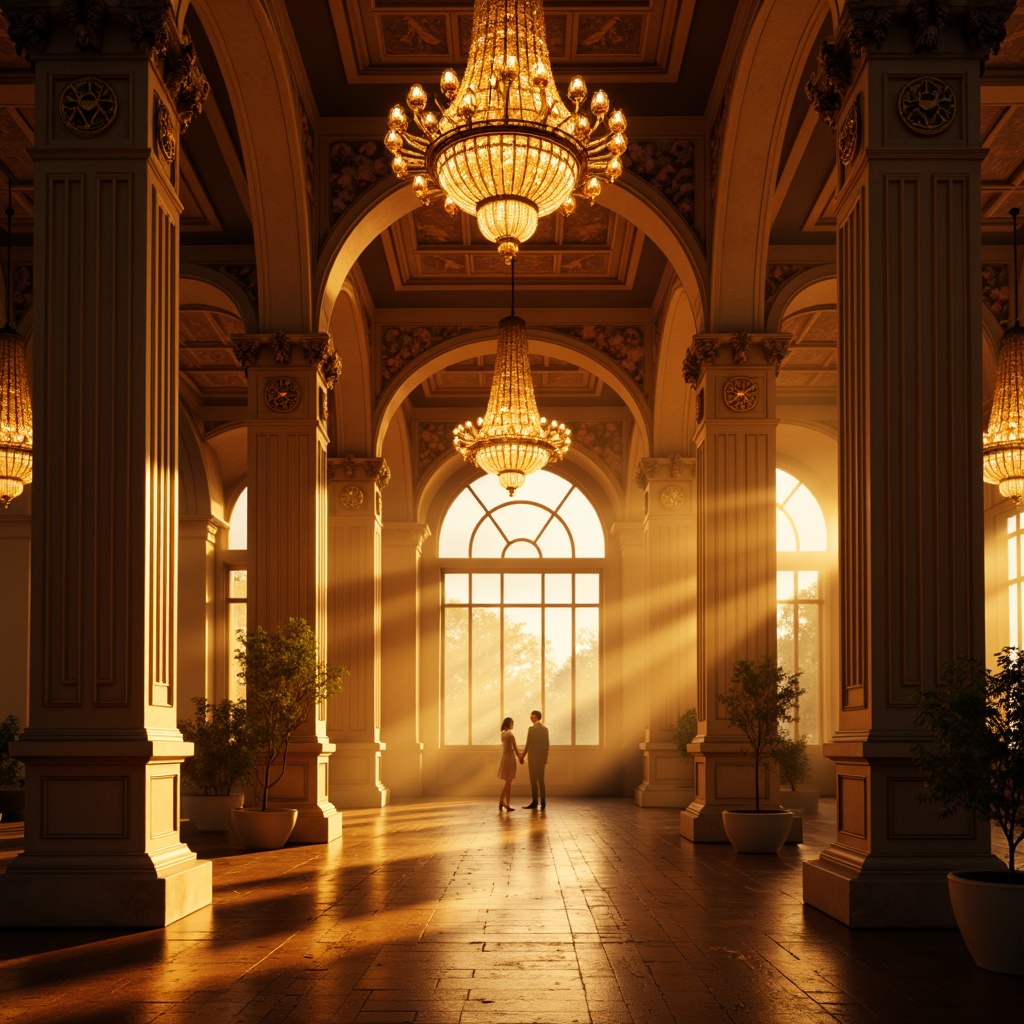 Prompt: Dramatic spotlights, warm golden glow, soft ambient lighting, accentuated columns, grand entranceways, majestic arches, ornate details, lavish chandeliers, crystal prisms, reflective surfaces, gleaming metallic accents, vibrant colorful uplighting, subtle sidelighting, 3-point lighting setup, high-contrast ratios, cinematic mood, realistic shadows, detailed textures, atmospheric haze.