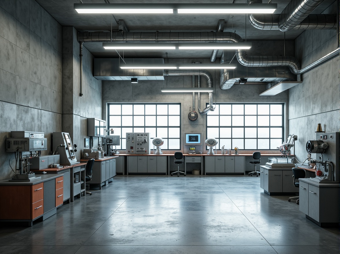 Prompt: Raw concrete walls, brutalist laboratory architecture, industrial-style lighting fixtures, metallic equipment, futuristic scientific instruments, minimalist decor, cold color palette, exposed ductwork, polished concrete floors, geometric-shaped furniture, industrial-style shelving units, functional layout, high ceilings, abundant natural light, soft shadows, 1/1 composition, realistic textures, ambient occlusion.