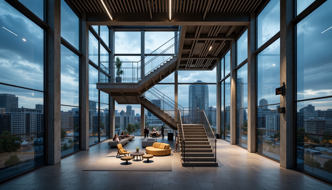 Prompt: Sleek modern building, exposed steel beams, minimalist concrete columns, floor-to-ceiling glass windows, polished metal accents, geometric staircases, open-plan interior, industrial-style lighting fixtures, urban cityscape background, cloudy blue sky, dramatic shadows, low-angle photography, 1/2 composition, high-contrast imagery, realistic renderings, ambient occlusion.