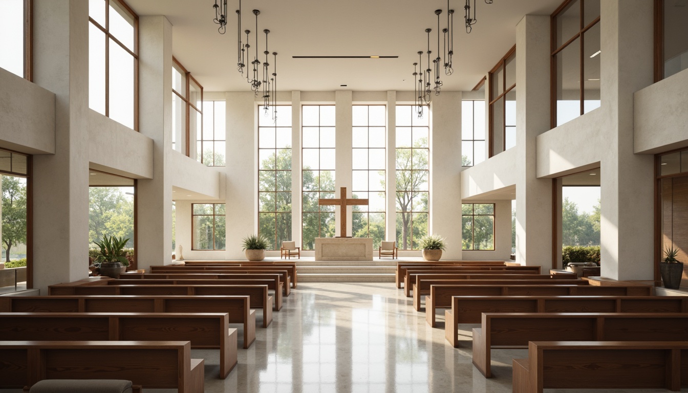 Prompt: Minimalist worship hall, high ceilings, natural light pouring in, sleek wooden pews, subtle ornate details, monochromatic color scheme, neutral tones, abstract stained glass windows, modern chandeliers, polished marble floors, grandiose entranceways, symmetrical architecture, geometric patterns, minimalist altarpieces, contemporary religious symbols, calm ambiance, soft diffused lighting, shallow depth of field, 1/1 composition, realistic textures, ambient occlusion.