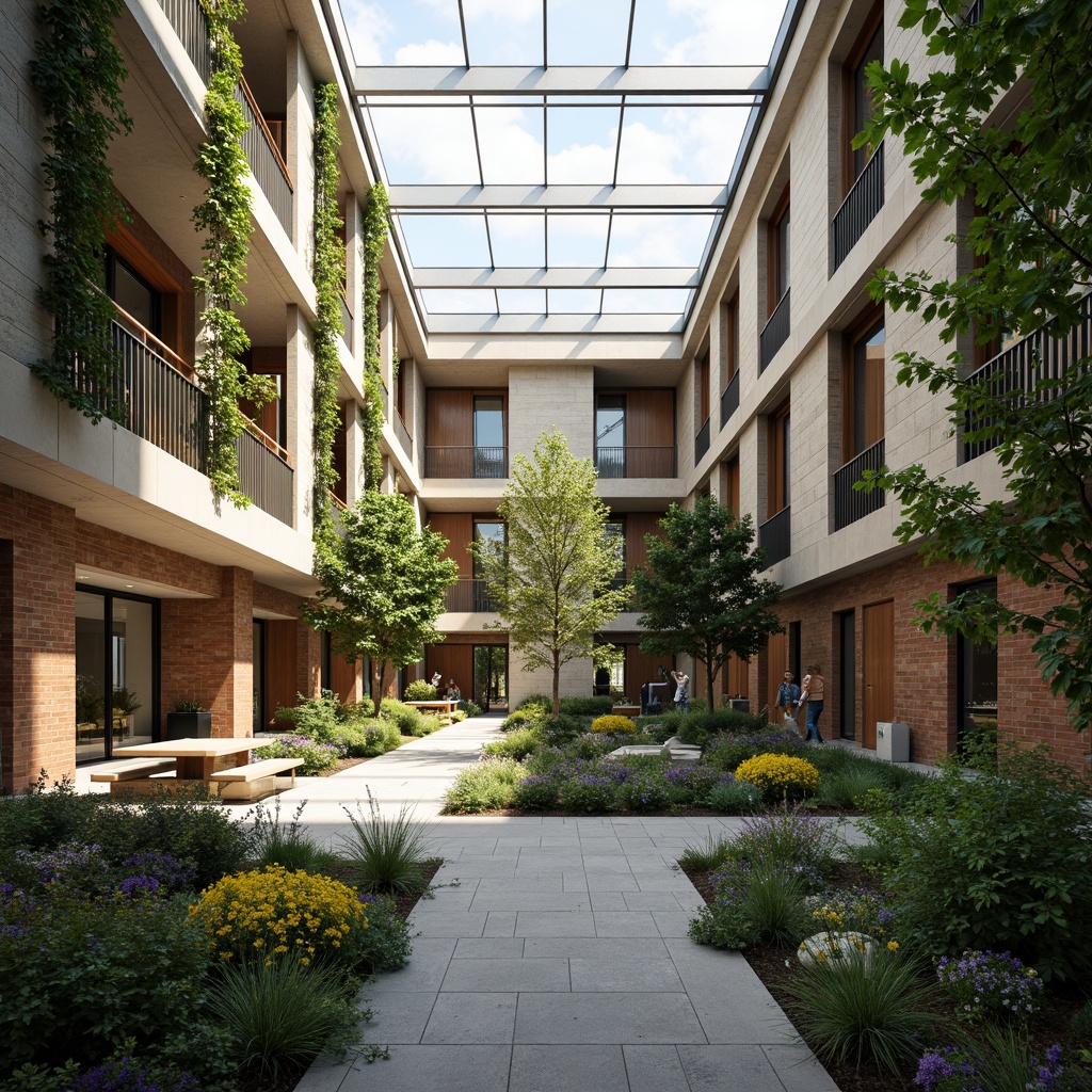 Prompt: Vibrant university campus, experimental architecture, natural stone fa\u00e7ade, large skylights, clerestory windows, open-air courtyard, lush greenery, blooming flowers, modern minimalist design, steel beams, wooden accents, polished concrete floors, abundant daylight, soft warm lighting, shallow depth of field, 1/1 composition, realistic textures, ambient occlusion.