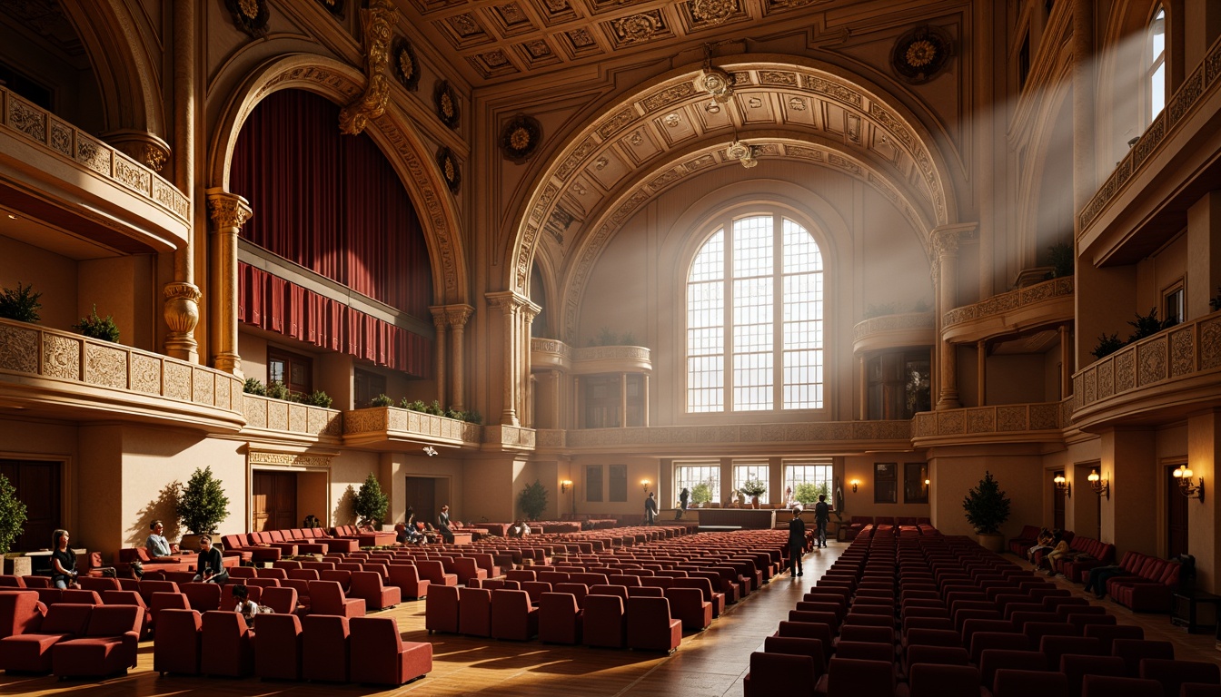 Prompt: Grand concert hall, high ceilings, ornate chandeliers, lavish drapes, polished wooden floors, natural light pouring in through floor-to-ceiling windows, soft warm glow, gentle shadows, elegant staircases, spacious foyers, majestic stages, luxurious seating areas, vibrant colors, rich textures, sophisticated architecture, subtle gradations of light, dramatic spotlights, ambient occlusion, realistic reflections, 1/2 composition, shallow depth of field, atmospheric perspective.