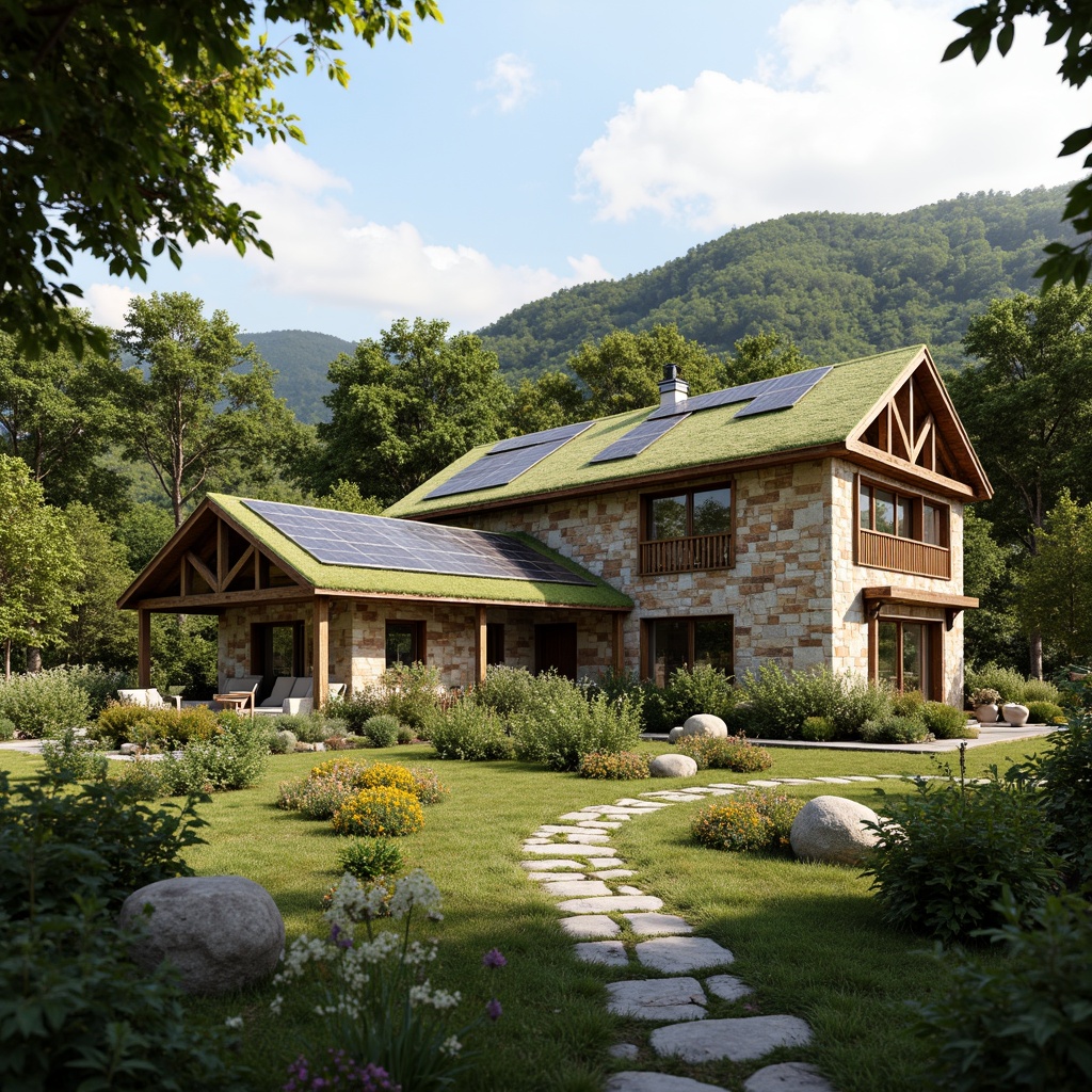 Prompt: Rustic rural farmhouse, natural stone walls, earthy tones, wooden accents, green roofs, solar panels, wind turbines, rainwater harvesting systems, organic gardens, meandering stone paths, wildflower fields, serene countryside views, soft warm lighting, shallow depth of field, 3/4 composition, panoramic view, realistic textures, ambient occlusion.Please let me know if this meets your requirements!