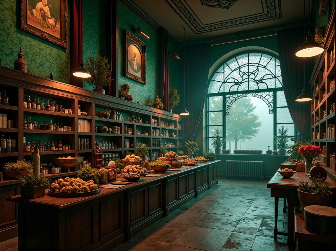 Prompt: Dark mysterious atmosphere, eerie ambiance, vintage grocery store aesthetic, rich jewel-toned colors, emerald green walls, crimson red accents, golden ornate details, distressed wooden shelves, worn stone floors, dramatic dim lighting, foggy misty effects, mysterious crypt-like nooks, ancient ritual-inspired patterns, mystical symbol-adorned packaging, luxurious velvet drapes, ominous candlelit atmosphere, hauntingly beautiful frescoes, intricate stained glass windows, ornate metalwork fixtures, mysterious apothecary-style displays.