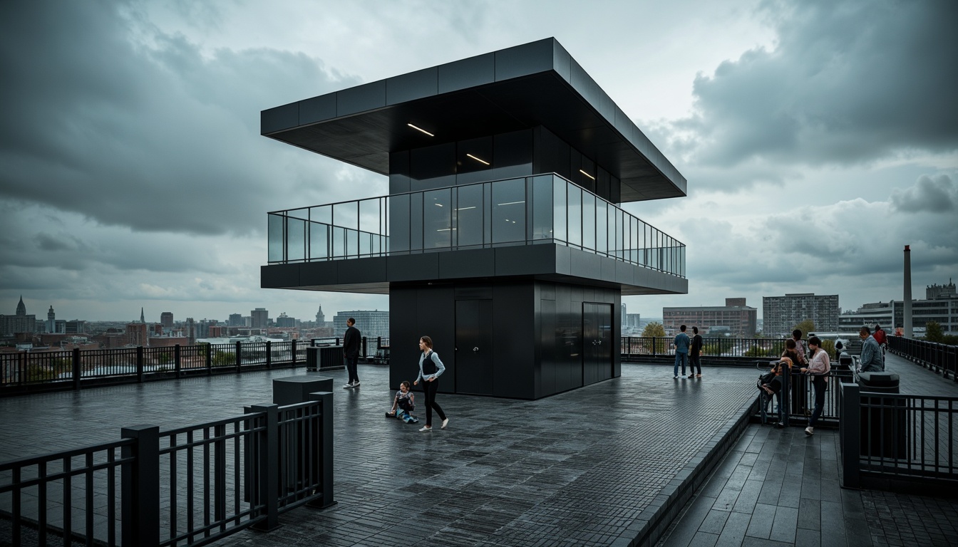 Prompt: Sleek watchtower, modernist architecture, monochromatic color scheme, bold black accents, minimalist white walls, sleek metallic railings, geometric patterned floors, industrial-style lighting fixtures, urban cityscape backdrop, dramatic cloudy sky, moody atmospheric lighting, shallow depth of field, 2/3 composition, cinematic camera angle, high-contrast realistic textures, ambient occlusion.