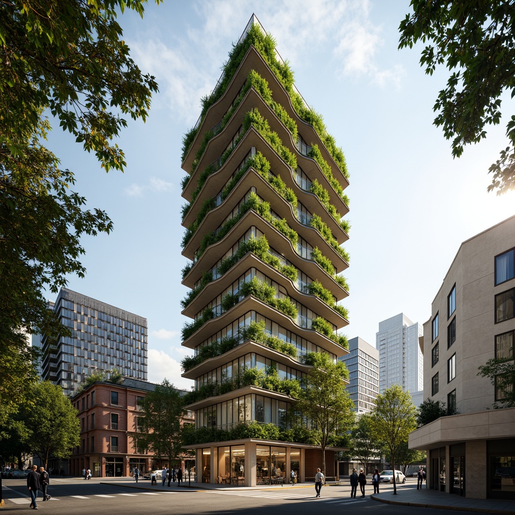 Prompt: Eco-friendly skyscraper, living green walls, reclaimed wood accents, bamboo flooring, low-carbon concrete, solar panels, wind turbines, rainwater harvesting systems, green roofs, recycled metal cladding, minimalist design, natural ventilation, abundant daylight, soft warm lighting, 3/4 composition, shallow depth of field, realistic textures, ambient occlusion.