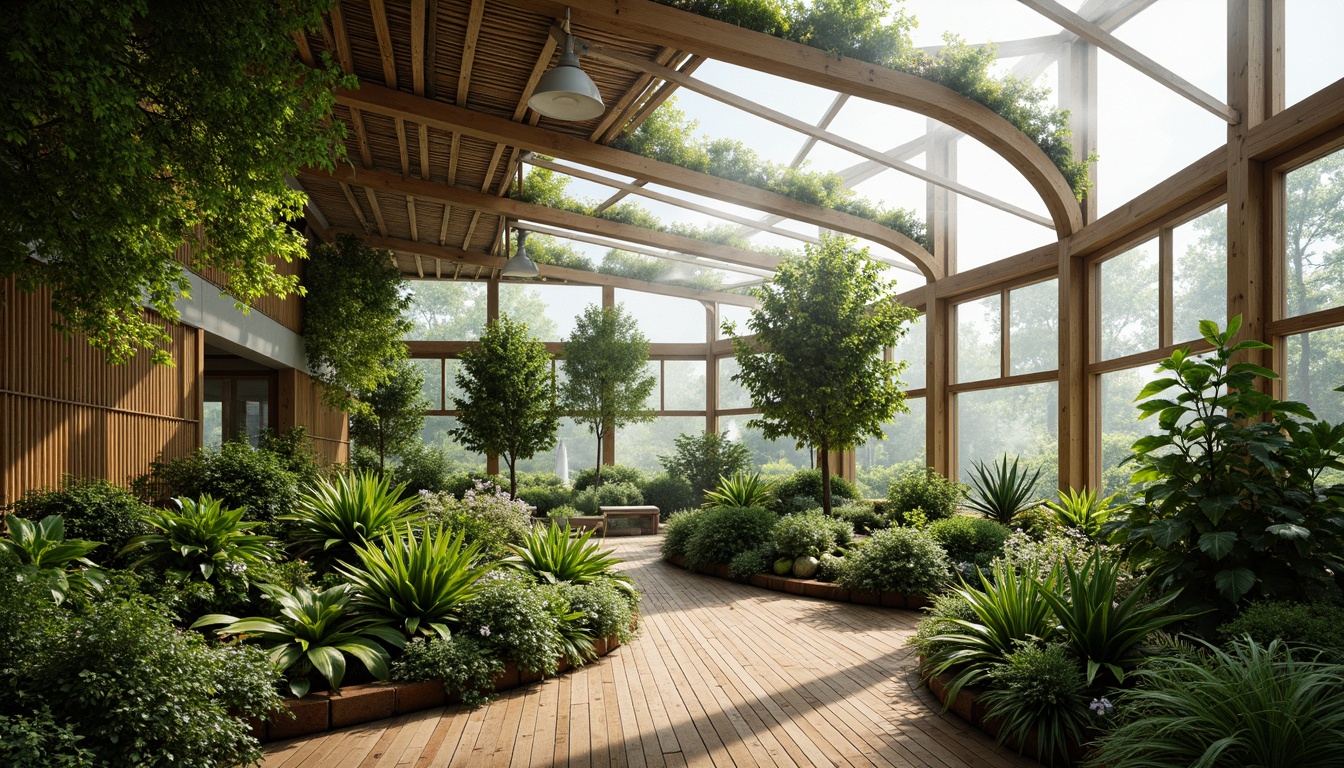 Prompt: Vibrant greenhouse interior, lush tropical plants, misting system, natural ventilation, solar-powered irrigation, rainwater harvesting, recycled materials, bamboo structure, living walls, green roofs, thermal mass, insulated glazing, clerestory windows, diffused natural light, soft shadows, 3/4 composition, symmetrical balance, futuristic curves, minimalist decor, earthy tones, warm ambiance, ambient occlusion, realistic textures.