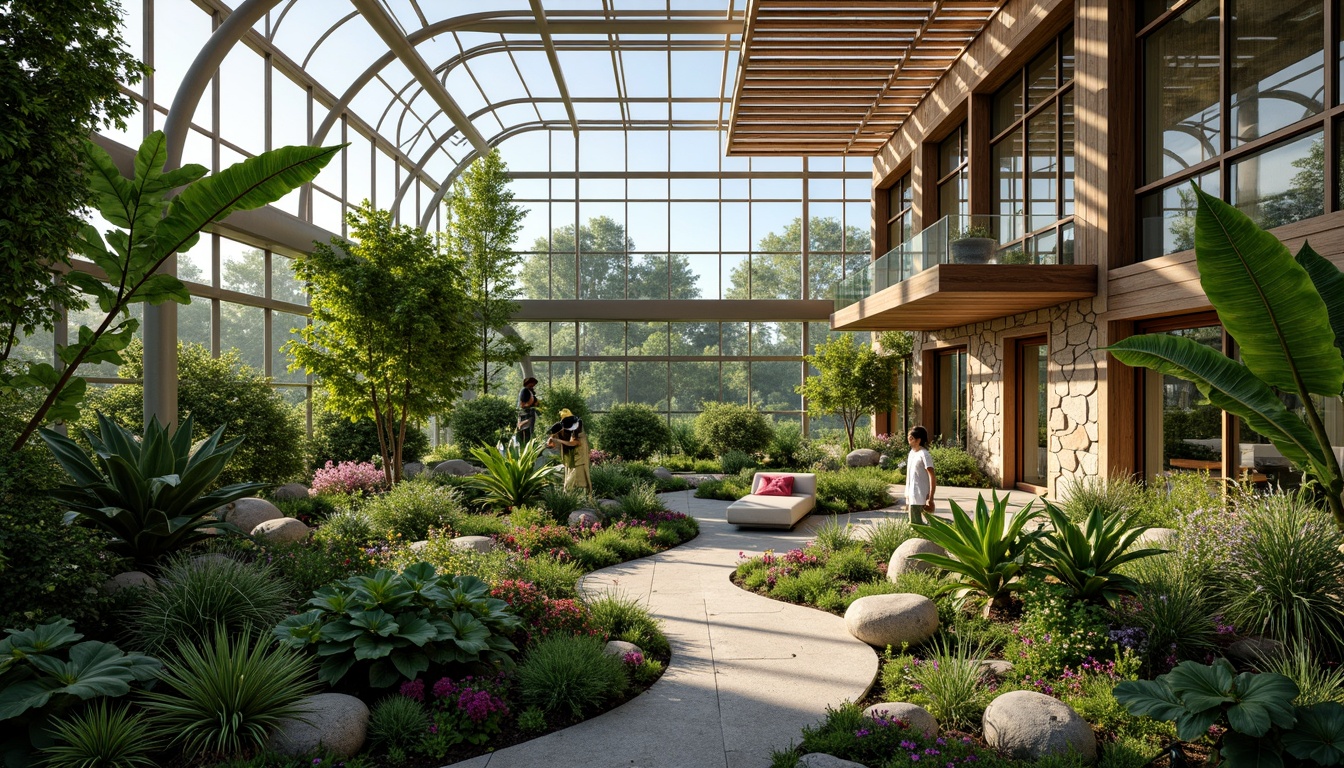 Prompt: Vibrant greenhouse, lush tropical plants, natural stone walls, wooden trellis, misting systems, evaporative cooling, rainwater harvesting, solar panels, green roofs, living walls, recycled materials, energy-efficient systems, passive ventilation, organic shapes, curved lines, soft diffused lighting, 1/1 composition, shallow depth of field, realistic textures, ambient occlusion.