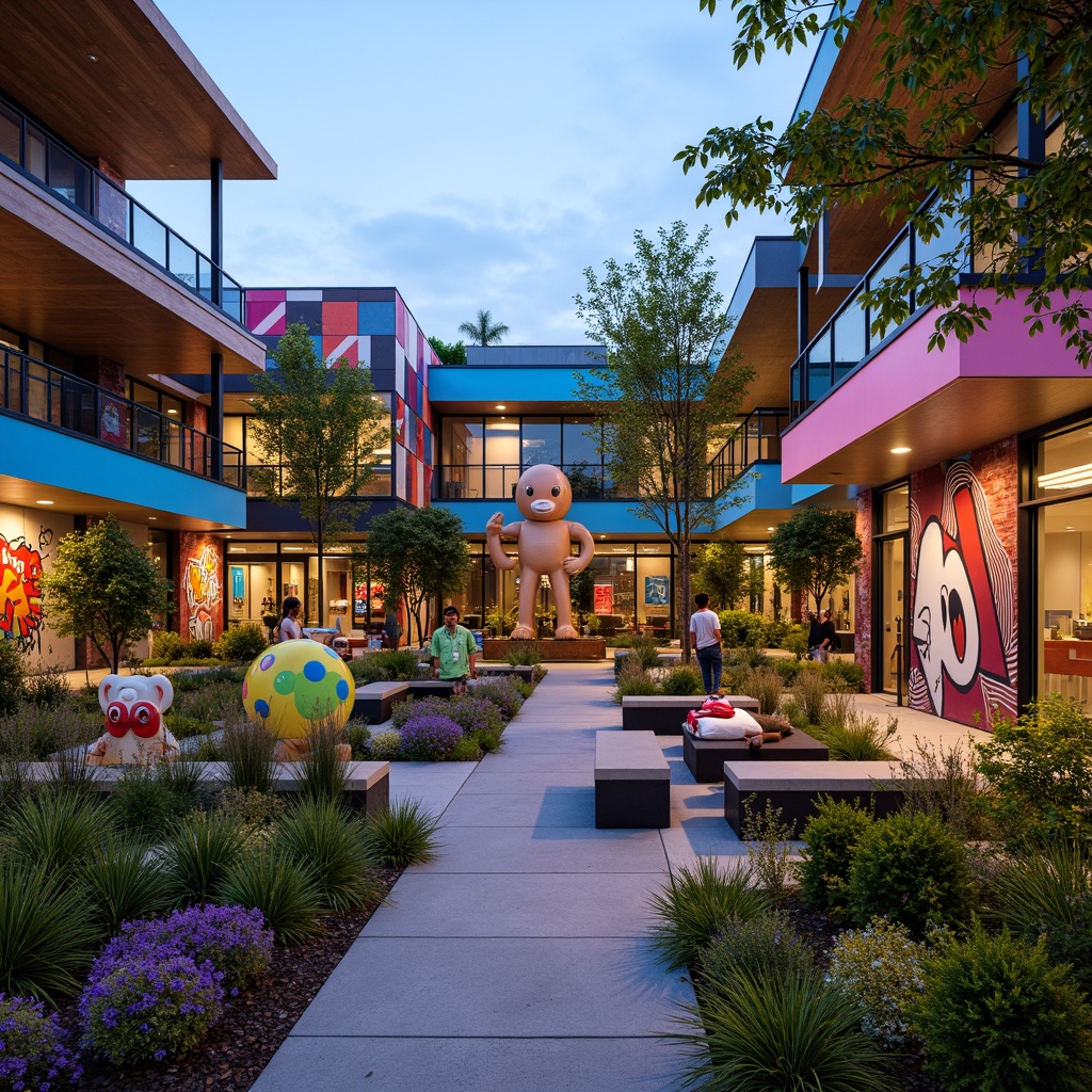 Prompt: Vibrant youth center courtyard, eclectic mix of plants, abstract sculptures, urban graffiti walls, industrial metal benches, reclaimed wood accents, neon-lit pathways, geometric patterned pavilions, bold color blocking, modernist architecture, cantilevered roofs, angular lines, playful water features, dynamic lighting systems, shallow depth of field, 1/1 composition, panoramic view, realistic textures, ambient occlusion.