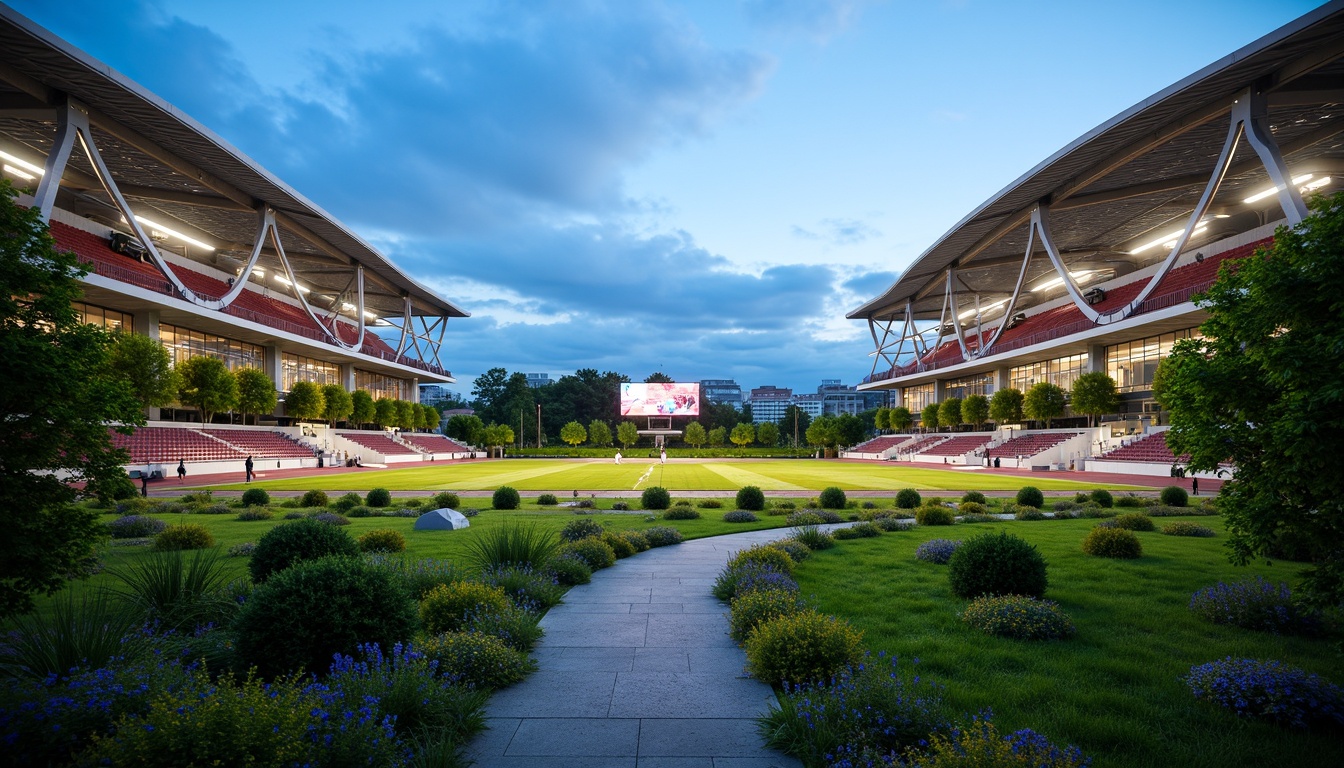 Prompt: Vibrant green stadium surroundings, lush natural grass, diverse plant species, meandering walkways, ornamental water features, modern sports architecture, sleek metal structures, cantilevered roofs, angular lines, dynamic lighting systems, dramatic evening ambiance, shallow depth of field, 3/4 composition, panoramic view, realistic textures, ambient occlusion, grand entrance gates, monumental signage, athletic track and field facilities, spectator seating areas, concession stands, VIP lounges.