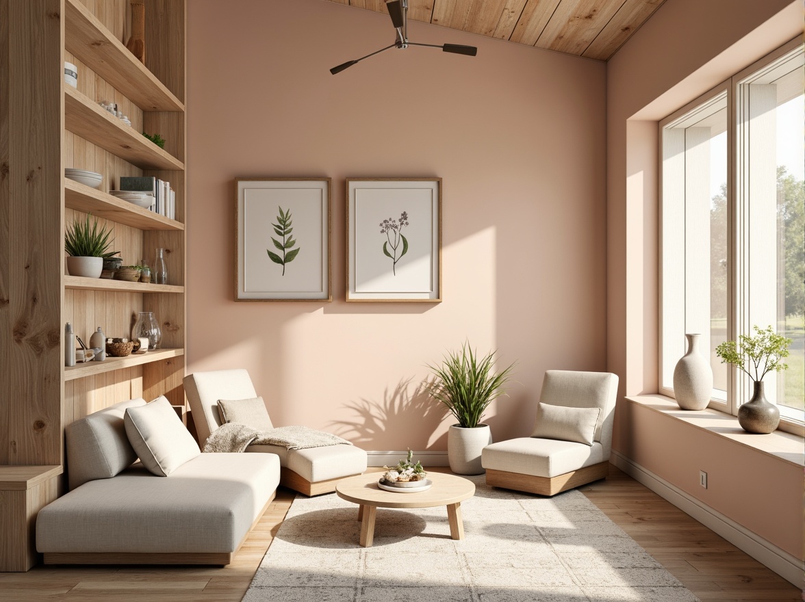 Prompt: Soft peach tones, creamy whites, gentle grays, muted blues, warm beiges, rich wood accents, natural textures, organic patterns, earthy undertones, serene atmosphere, soft focus, shallow depth of field, 2/3 composition, warm golden lighting, realistic renderings, ambient occlusion.