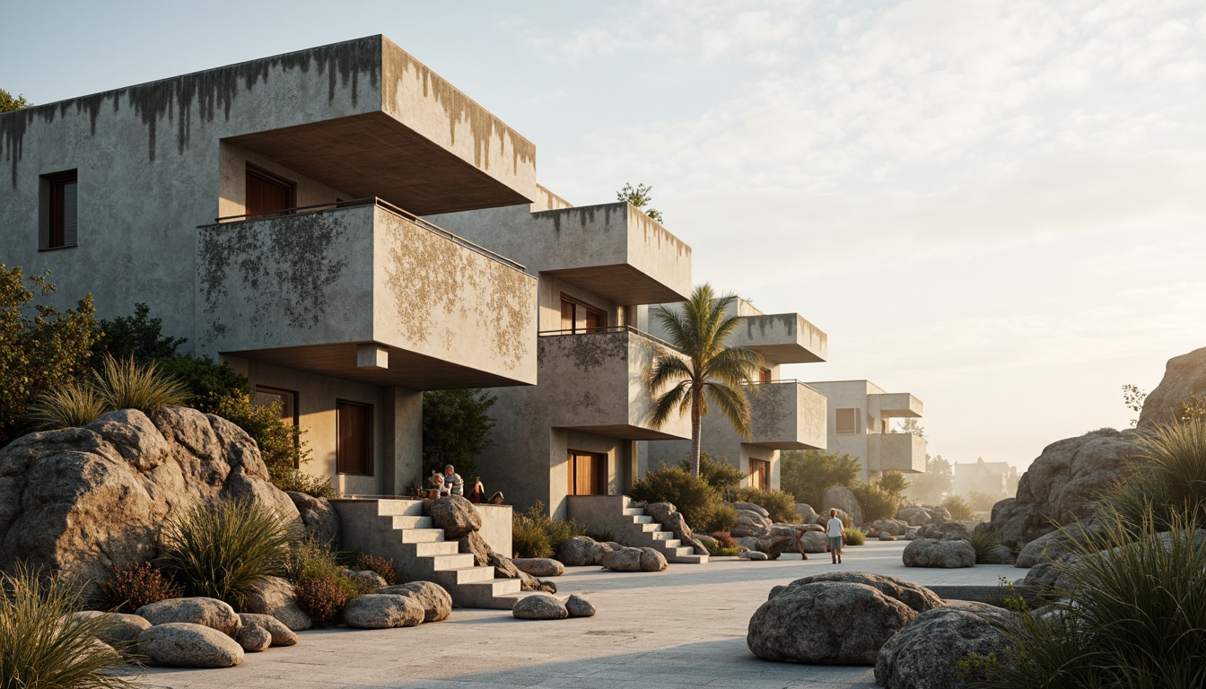 Prompt: Rugged beachside brutalist buildings, weathered concrete walls, textured surfaces, rough stone foundations, ocean-inspired color palette, waves-patterned facades, driftwood accents, seaside vegetation, sandy dunes, misty mornings, warm golden lighting, shallow depth of field, 1/1 composition, symmetrical framing, realistic textures, ambient occlusion.