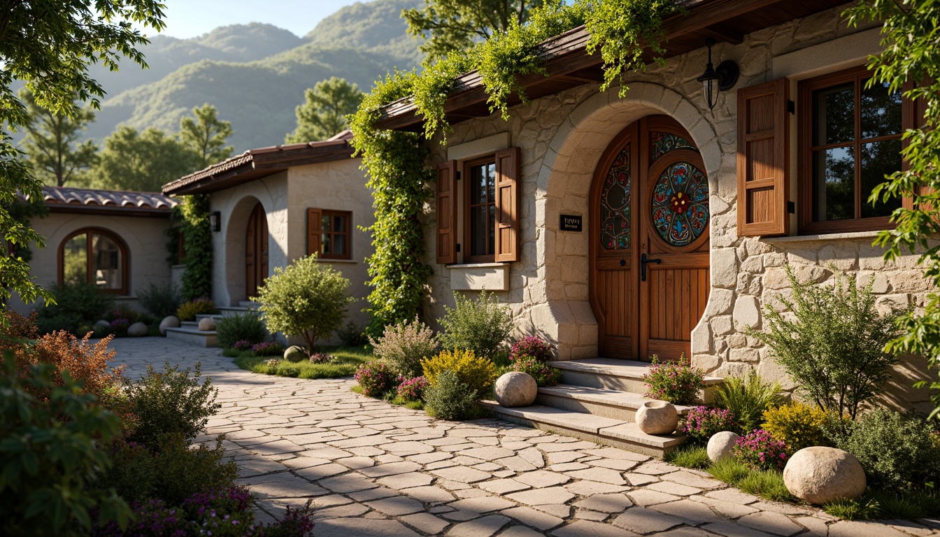 Prompt: Rustic rural cottages, ornate wooden doorways, curved lines, flowing organic forms, intricate stone carvings, stained glass windows, colorful ceramic tiles, floral patterns, winding vines, blooming wildflowers, lush greenery, overhanging roofs, asymmetrical facades, distressed wood textures, soft warm lighting, shallow depth of field, 1/1 composition, realistic render, ambient occlusion.