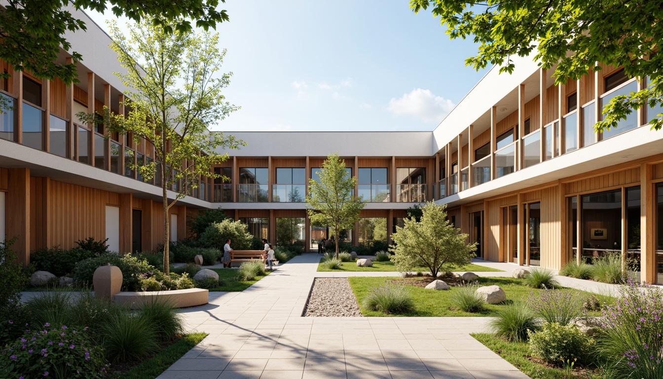 Prompt: Vibrant community center, modern architecture, open courtyard, lush greenery, walking paths, benches, natural stone flooring, wooden accents, floor-to-ceiling windows, abundant daylight, soft warm lighting, shallow depth of field, 3/4 composition, panoramic view, realistic textures, ambient occlusion.