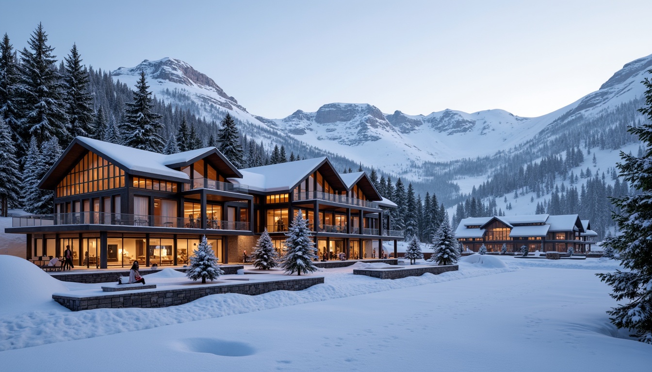 Prompt: Snow-capped mountains, frosty pine trees, icy ski slopes, wooden chalets, rustic stone walls, cozy fireplaces, warm ambient lighting, panoramic views, 3/4 composition, shallow depth of field, realistic textures, ambient occlusion, modern ski center architecture, curved rooflines, large glass windows, steel beams, wooden accents, natural materials, earthy color palette, misty morning atmosphere, soft powdery snowfall, frozen lakeside scenery.