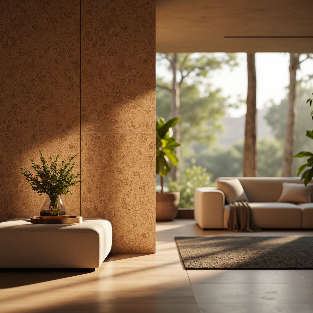 Prompt: Natural cork texture, earthy brown color, organic pattern, sustainable material, eco-friendly design, warm ambient lighting, shallow depth of field, 1/1 composition, realistic rendering, soft focus, gentle shadows, modern interior decor, living room setting, comfortable furniture, natural wood accents, earthy tone color palette, cozy atmosphere, morning sunlight, subtle reflections.