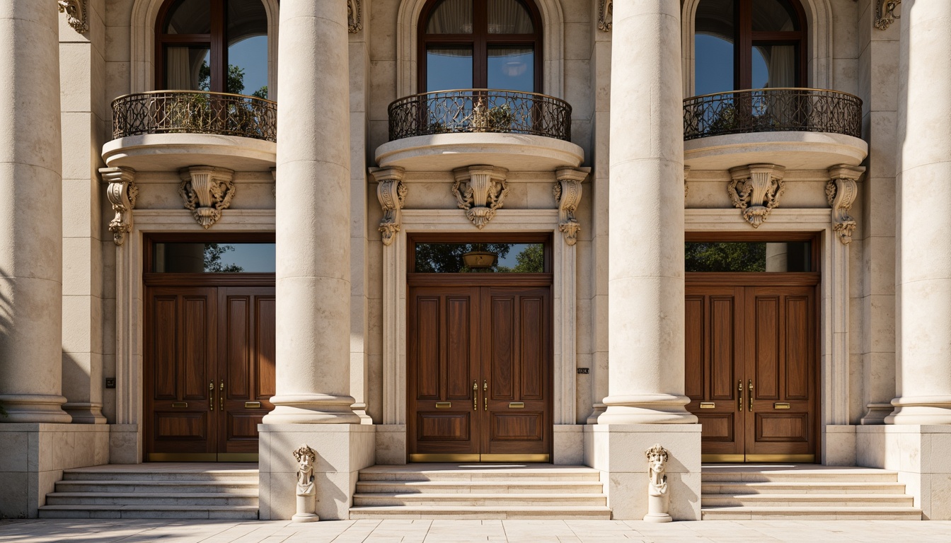 Prompt: Grandiose neoclassical facade, ornate stone carvings, majestic columns, symmetrical composition, elegant arches, refined marble surfaces, polished bronze details, intricate moldings, subtle texture contrast, warm beige tones, soft natural lighting, shallow depth of field, 1/1 composition, realistic reflections, ambient occlusion.