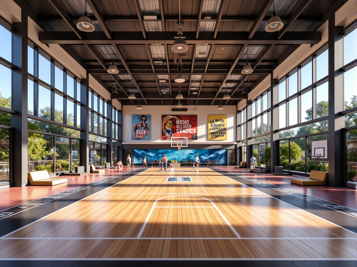 Prompt: Dynamic gymnasium interior, basketball court, wooden flooring, sports equipment, athletic tracks, vibrant color schemes, modern architecture, high ceilings, large windows, natural light, motivational quotes, fitness-inspired artwork, sleek metal beams, functional lighting, shallow depth of field, 3/4 composition, panoramic view, realistic textures, ambient occlusion.