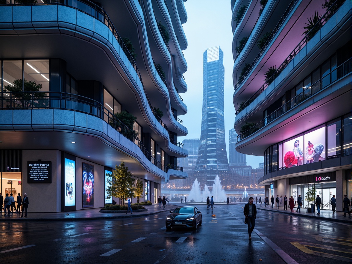 Prompt: Futuristic monumental architecture, sleek metallic structures, angular lines, neon-lit LED lights, gleaming glass facades, cantilevered overhangs, curved aerodynamic shapes, towering skyscrapers, elevated walkways, holographic projections, cyberpunk-inspired details, vibrant luminescent colors, atmospheric fog effects, shallow depth of field, 1/1 composition, panoramic view, realistic metallic textures, ambient occlusion.