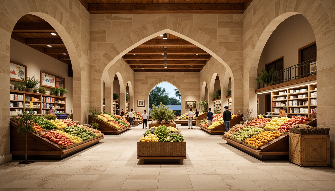 Prompt: Grand archways, natural stone columns, warm beige walls, polished marble floors, modern grocery store, abundant fresh produce, vibrant colorful displays, pyramid-shaped fruit stands, rustic wooden crates, woven basket shelves, elegant curved staircases, soft warm lighting, shallow depth of field, 3/4 composition, panoramic view, realistic textures, ambient occlusion.