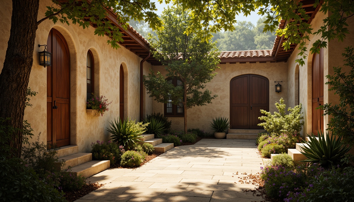 Prompt: Serene monastery courtyard, natural stone walls, wooden doors, rustic lanterns, vaulted ceilings, arched windows, stained glass, warm golden lighting, soft diffused sunlight, dappled shadows, lush greenery, vines crawling up walls, blooming flowers, peaceful atmosphere, minimalist decor, reclaimed wood accents, earthy tones, subtle textures, 1/1 composition, intimate focus, warm color palette, cinematic mood.