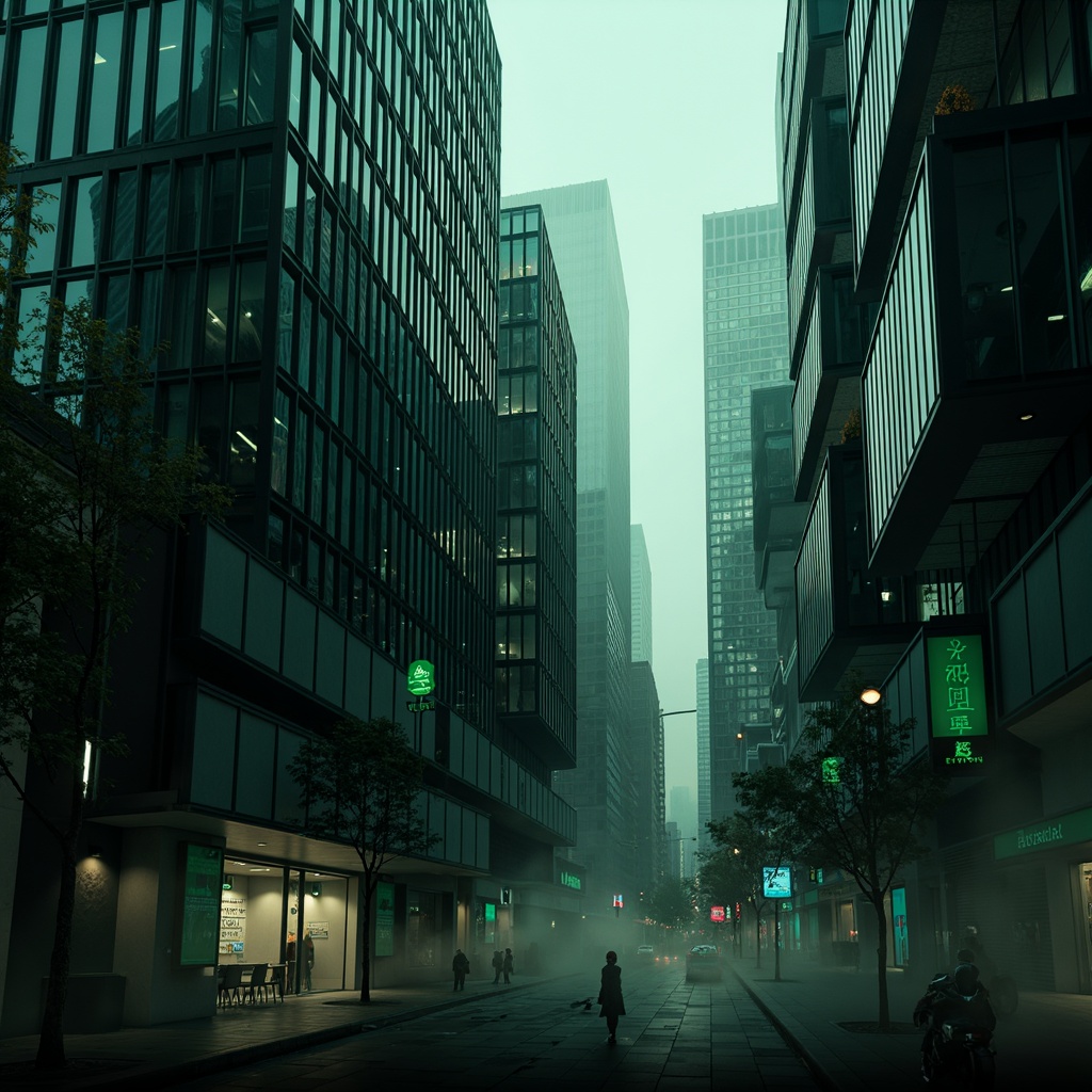 Prompt: Monochromatic watching towers, sleek metallic surfaces, bold black accents, neon green lights, abstract geometric patterns, futuristic architecture, urban cityscape, nighttime scene, misty atmosphere, soft box lighting, shallow depth of field, 1/1 composition, realistic reflections, ambient occlusion.