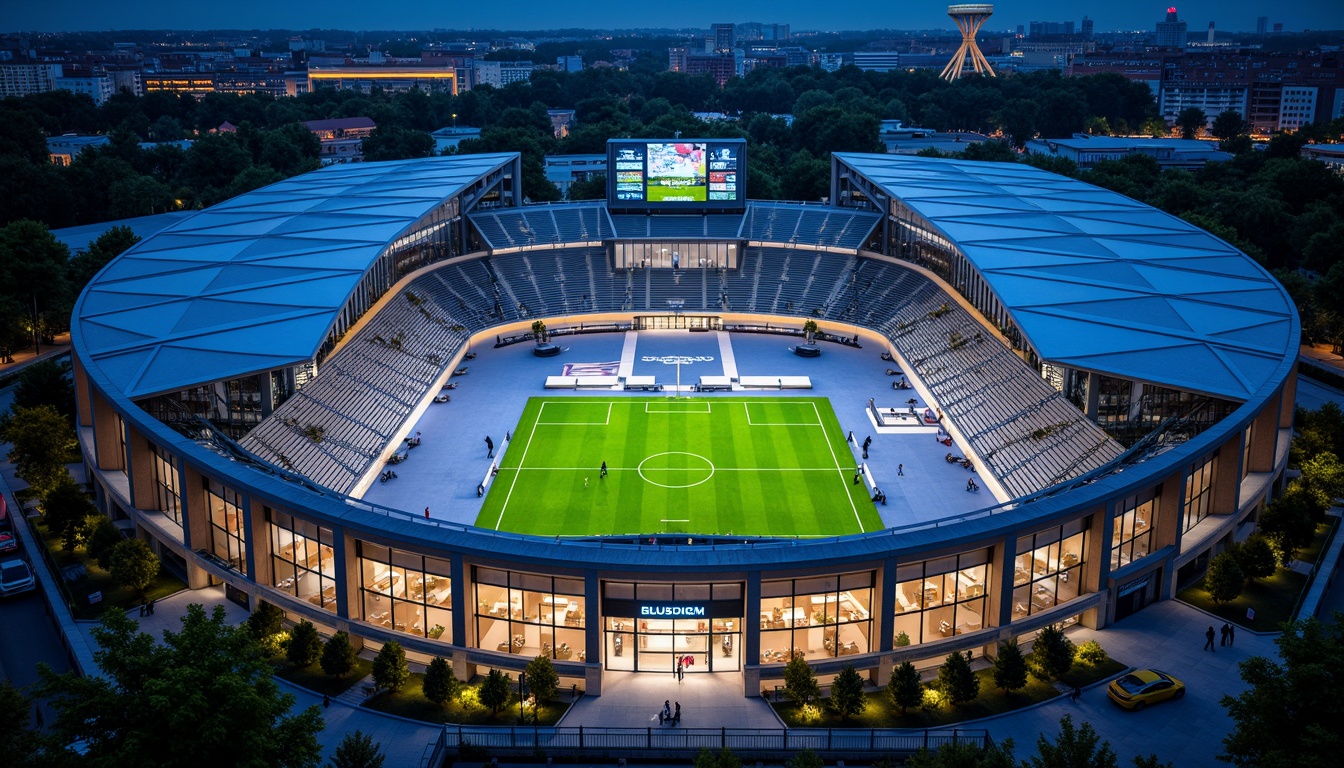 Prompt: Modern stadium facade, steel structure, curved lines, dynamic shapes, sleek metallic surfaces, bold color scheme, vibrant LED lighting, large entrance gates, ticketing booths, pedestrian walkways, grandstand seating, athletic track, football field, soccer pitch, rugby lawn, Olympic-sized swimming pool, transparent glass walls, cantilevered roofs, angular columns, minimalist detailing, rust-resistant coatings, weathered steel finishes, urban skyline views, dramatic nighttime illumination, high-contrast shadows, 1/2 composition, shallow depth of field, realistic reflections.