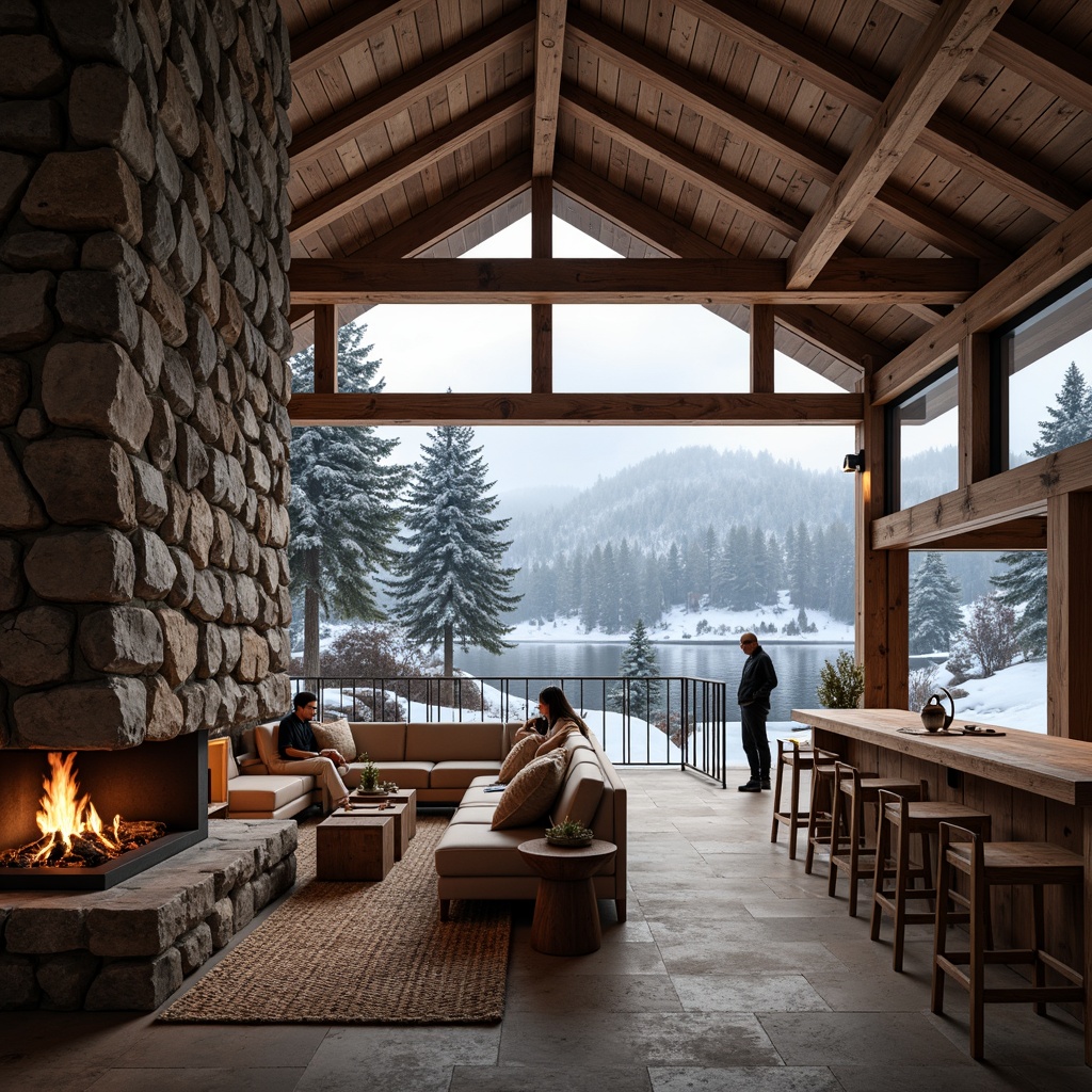 Prompt: Rustic ski center, wooden accents, natural stone walls, earthy tones, reclaimed wood furniture, cozy fireplaces, snow-capped mountains, frozen lakes, evergreen trees, powdery snow, misty mornings, soft warm lighting, 1/1 composition, intimate atmosphere, organic textures, subtle ambient occlusion.