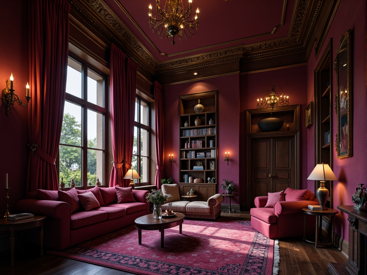 Prompt: Rich plum hues, deep berry tones, soft blush accents, luxurious velvet textures, ornate gold details, lavish furnishings, opulent drapery, warm candlelight, intimate atmosphere, cozy reading nook, vintage-inspired decor, distressed wood accents, moody lighting, 1/2 composition, shallow depth of field, cinematic color grading.