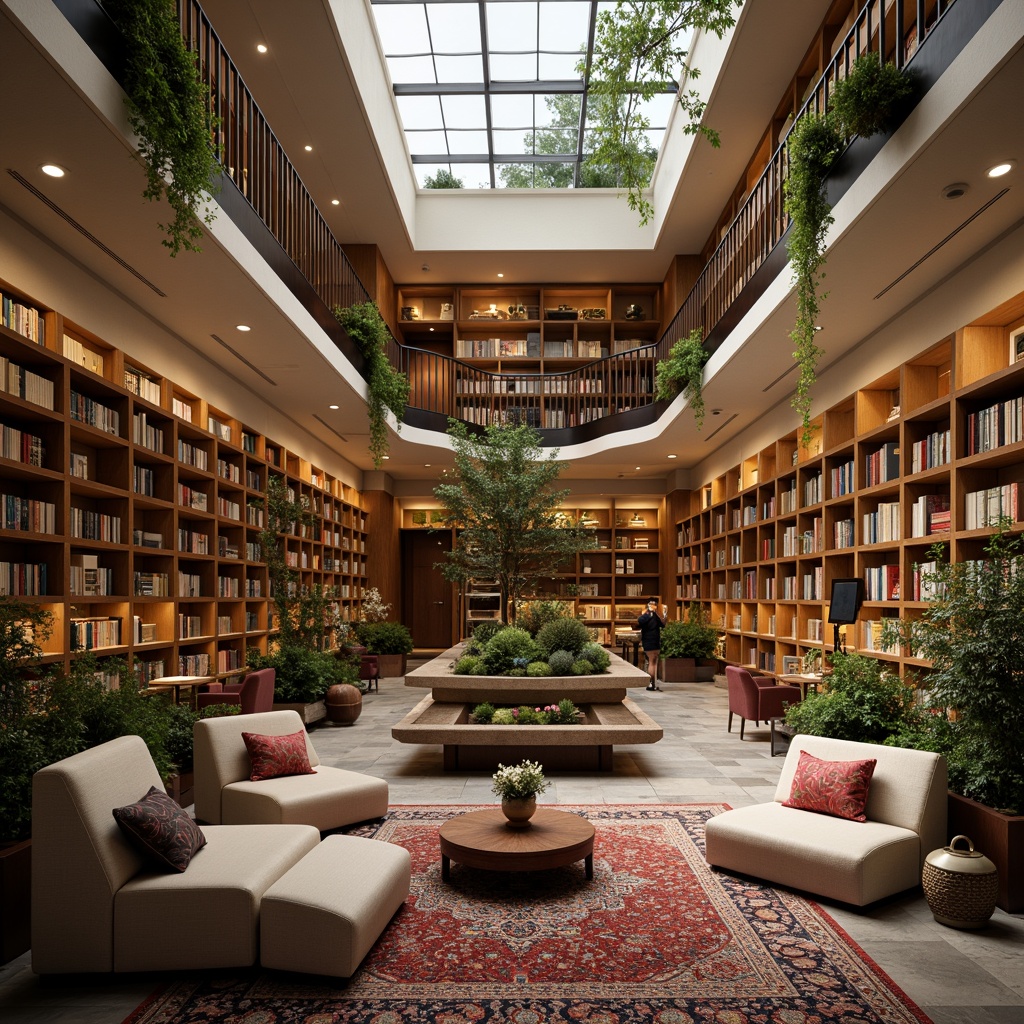 Prompt: Cozy reading nooks, comfortable plush seating, warm wooden shelving, soft gentle lighting, richly textured rugs, vibrant colorful book spines, elegant curved staircases, spacious open atriums, natural stone flooring, minimalist modern furniture, calming greenery, serene water features, peaceful ambient sounds, inviting aroma of old books, warm beige walls, eclectic mix of vintage and modern decorative pieces, soft diffused daylight, shallow depth of field, 2/3 composition.