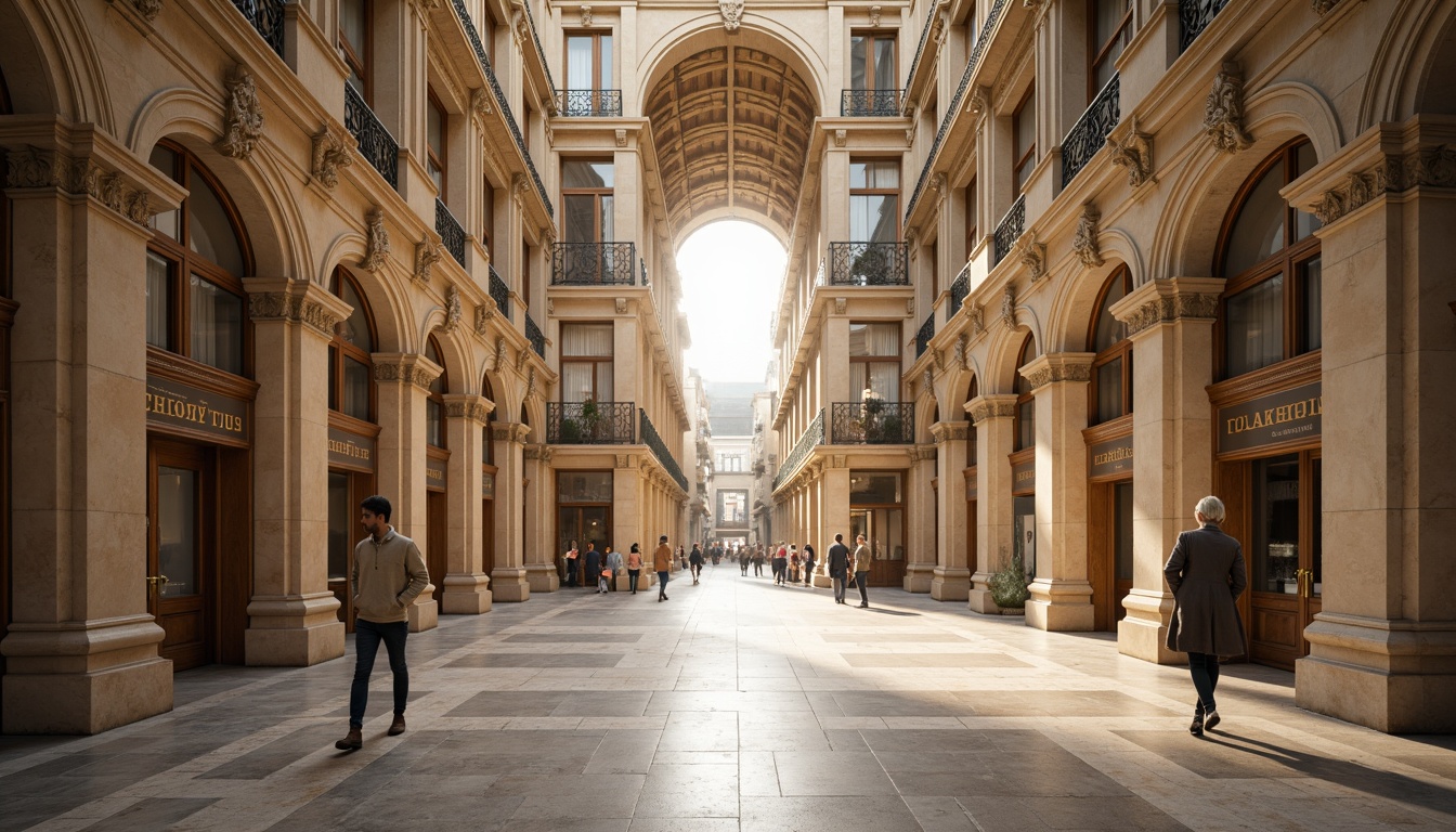 Prompt: Grand market hall, neoclassical facade, ornate stone carvings, Corinthian columns, symmetrical architecture, rusticated base, arched windows, intricate moldings, bronze door handles, marble flooring, high ceilings, natural light pouring in, warm beige tones, subtle texture variations, shallow depth of field, 1/1 composition, realistic reflections, ambient occlusion.