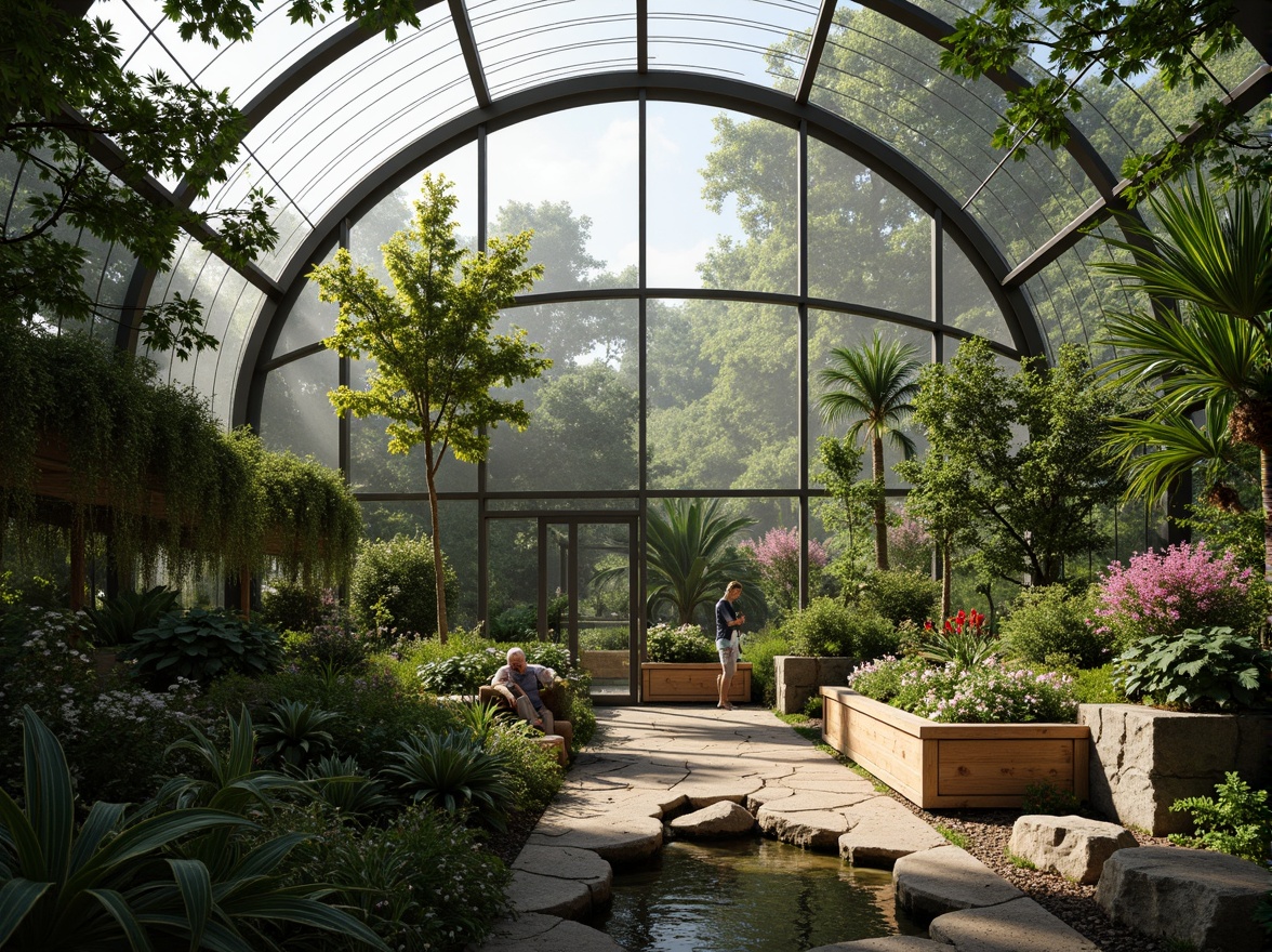 Prompt: Tropical greenhouse interior, lush vegetation, exotic flowers, curved glass roof, natural stone walls, wooden planters, modern minimalist decor, soft diffused lighting, shallow depth of field, 1/2 composition, realistic textures, ambient occlusion, misty atmosphere, warm humid climate, integration with outdoor landscape, seamless transition, native plants, organic forms, earthy color palette, water features, natural rock formations, meandering pathways.