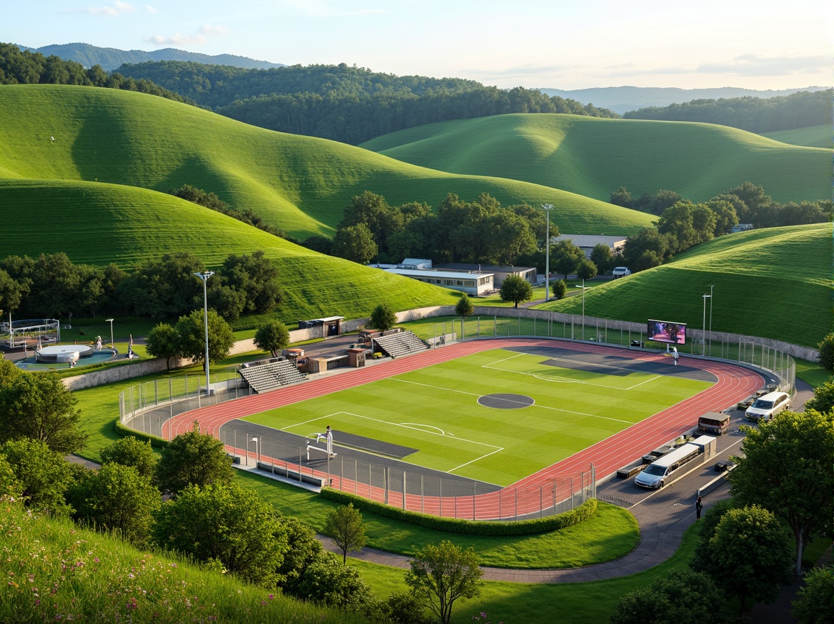 Prompt: Rolling hills, lush green grass, athletic tracks, soccer fields, basketball courts, tennis courts, goalposts, bleachers, scoreboard displays, floodlights, natural stone retaining walls, modern sports facilities, sleek metal fencing, vibrant team colors, sunny afternoon, soft warm lighting, shallow depth of field, 3/4 composition, panoramic view, realistic textures, ambient occlusion.