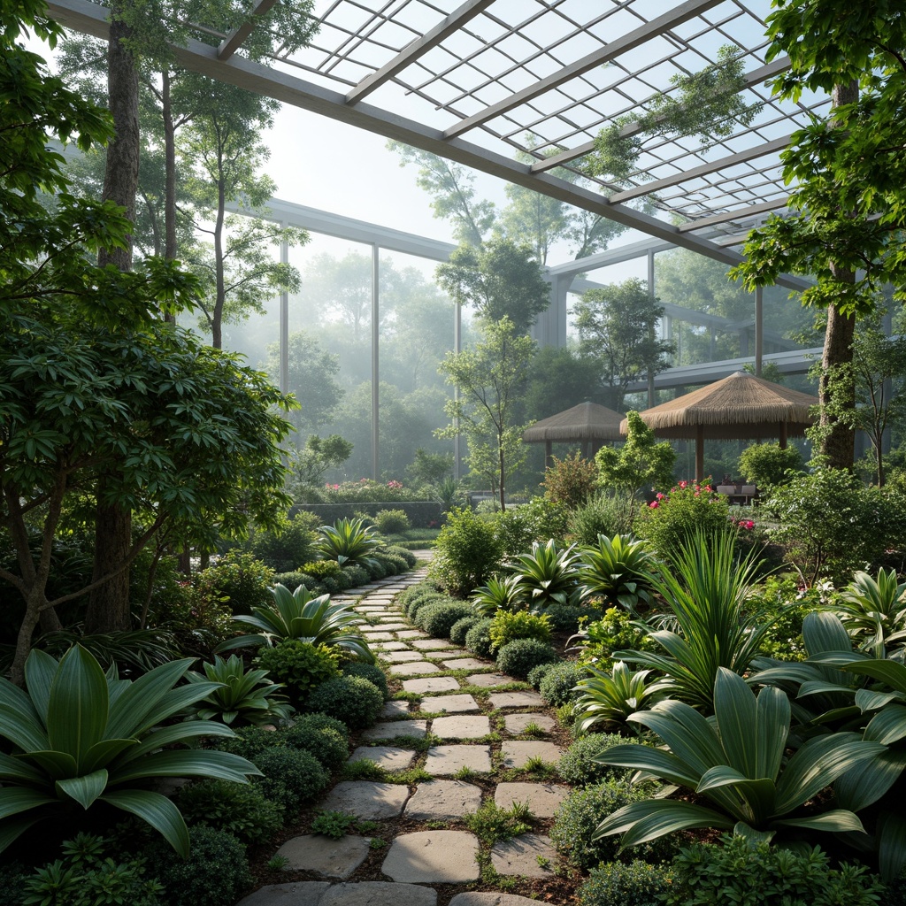 Prompt: Vibrant botanical garden, lush greenery, tropical plants, misty atmosphere, natural stone pathways, wooden trellises, modern greenhouse architecture, curved glass roofs, steel frames, automated irrigation systems, climate control technology, optimized ventilation, soft diffused lighting, shallow depth of field, 3/4 composition, panoramic view, realistic textures, ambient occlusion.