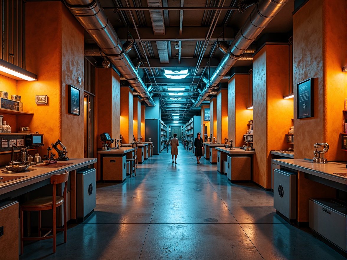 Prompt: Rugged laboratory interior, ochre walls, exposed concrete floors, brutalist architecture, industrial pipes, metallic equipment, futuristic machinery, neon-lit workstations, bold color accents, vibrant orange tones, deep blue hues, contrasting neutral backgrounds, high-contrast lighting, dramatic shadows, 1/1 composition, symmetrical framing, sharp geometric shapes, realistic textures, ambient occlusion.