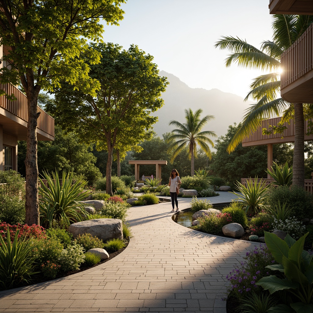 Prompt: Lush tropical plants, warm natural light, soft pastel hues, calming ambiance, organic curves, sustainable materials, energy-efficient systems, misting irrigation, vibrant flower blooms, tranquil water features, natural stone pathways, wooden accents, earthy tones, harmonious color palette, 1/2 composition, warm golden lighting, realistic textures, ambient occlusion.