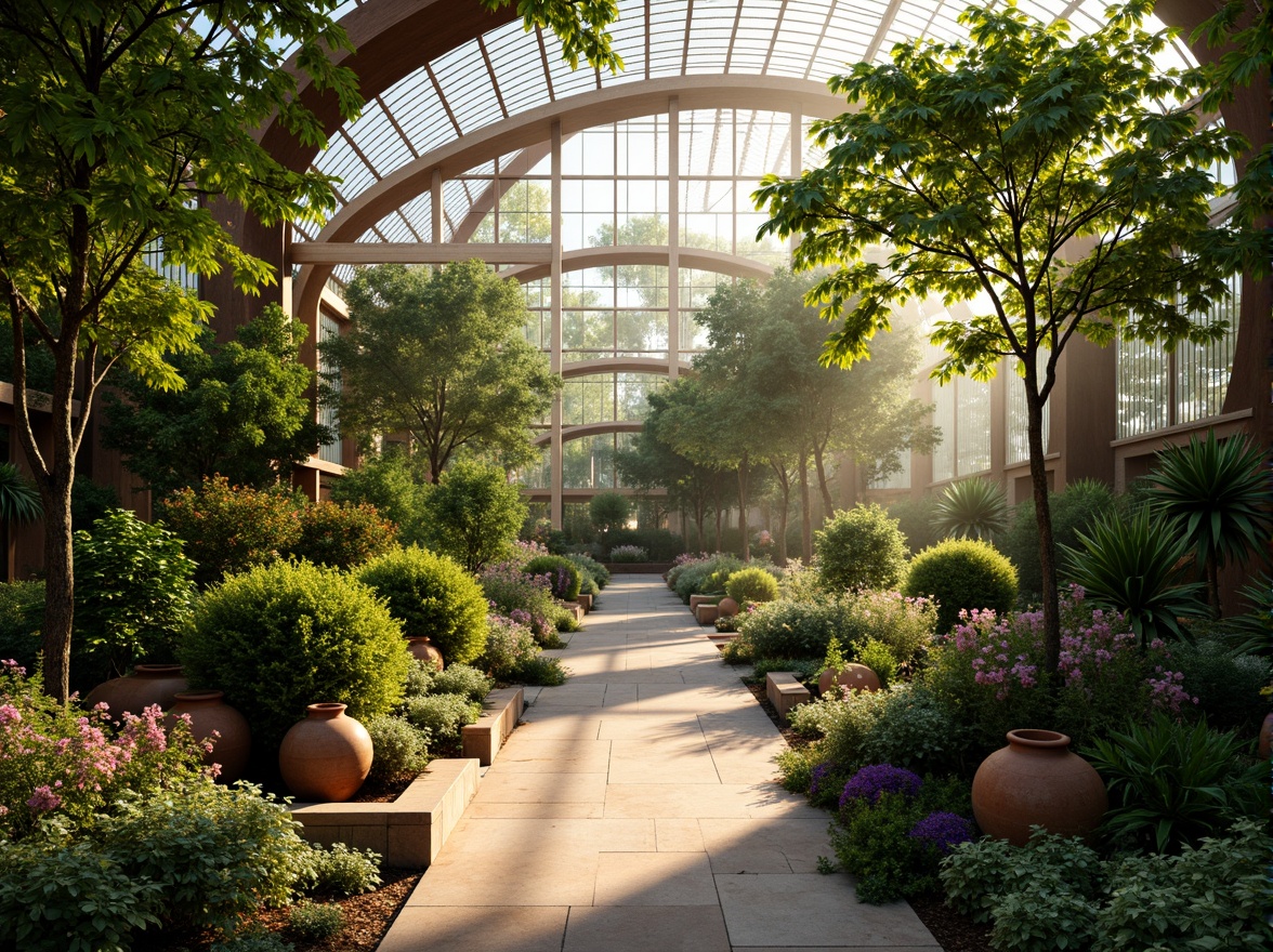 Prompt: Vibrant botanical greenhouse, lush tropical plants, warm natural light, earthy terracotta pots, misting irrigation systems, humid atmosphere, soft diffused lighting, 1/1 composition, shallow depth of field, realistic textures, ambient occlusion, calming color palette, soothing green hues, earthy brown tones, pops of bright coral, natural stone pathways, wooden trellises, organic curves, futuristic glass architecture, sustainable energy harvesting systems.