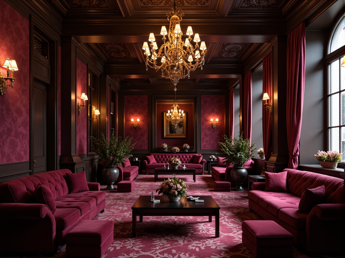 Prompt: Rich plum tones, velvety textures, luxurious furnishings, ornate decorations, lavish chandeliers, dark wood accents, intricate patterns, regal atmosphere, soft warm lighting, shallow depth of field, 1/1 composition, intimate setting, realistic renderings, ambient occlusion.