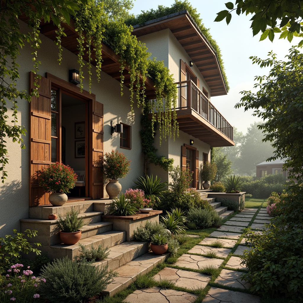 Prompt: Rustic rural cottage, ornate Art Nouveau details, curved lines, flowing organic forms, vibrant earthy tones, natural stone walls, wooden shutters, decorative ironwork, winding vines, blooming flowers, lush greenery, misty morning, soft warm lighting, shallow depth of field, 1/2 composition, intimate view, realistic textures, ambient occlusion.