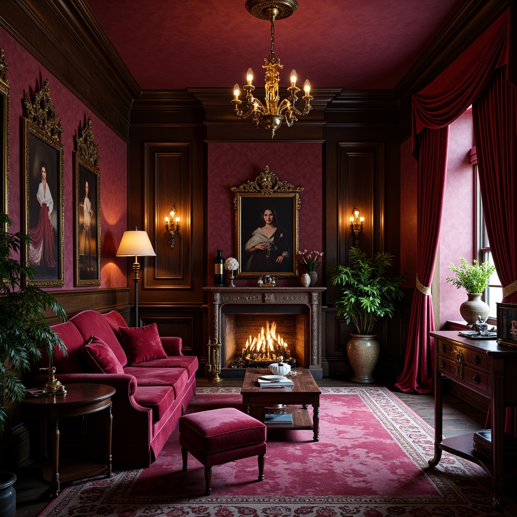 Prompt: Rich plum hues, luxurious velvet textures, warm golden lighting, ornate furnishings, regal ambiance, lavish decorations, jewel-toned accents, soft satin fabrics, romantic candlelight, intimate settings, dark wood paneling, mystical atmosphere, whimsical patterns, antique furniture pieces, vintage accessories, sophisticated color palette, dramatic drapery, opulent interiors.